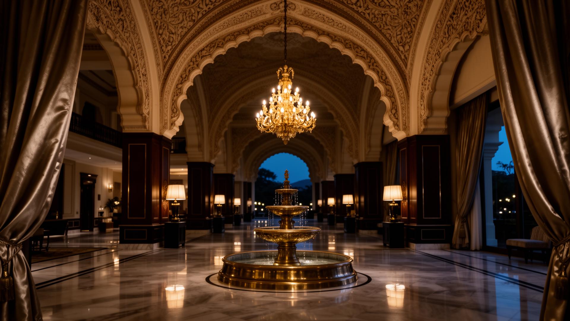 Palatial hotel lobby at dusk