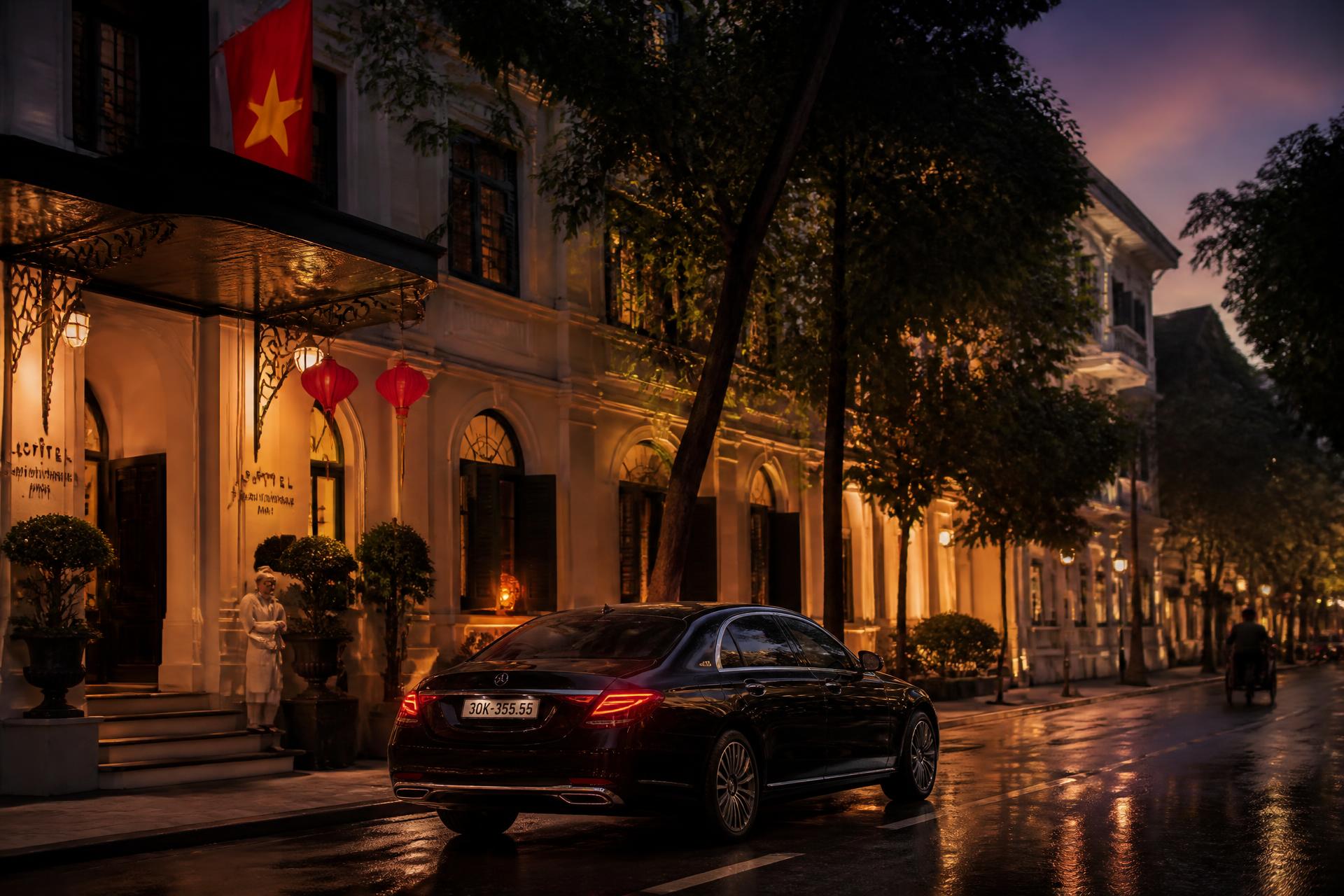 Hanoi Old Quarter at night, wet cobblestones reflecting warm lantern light and a deep lacquer-red glow