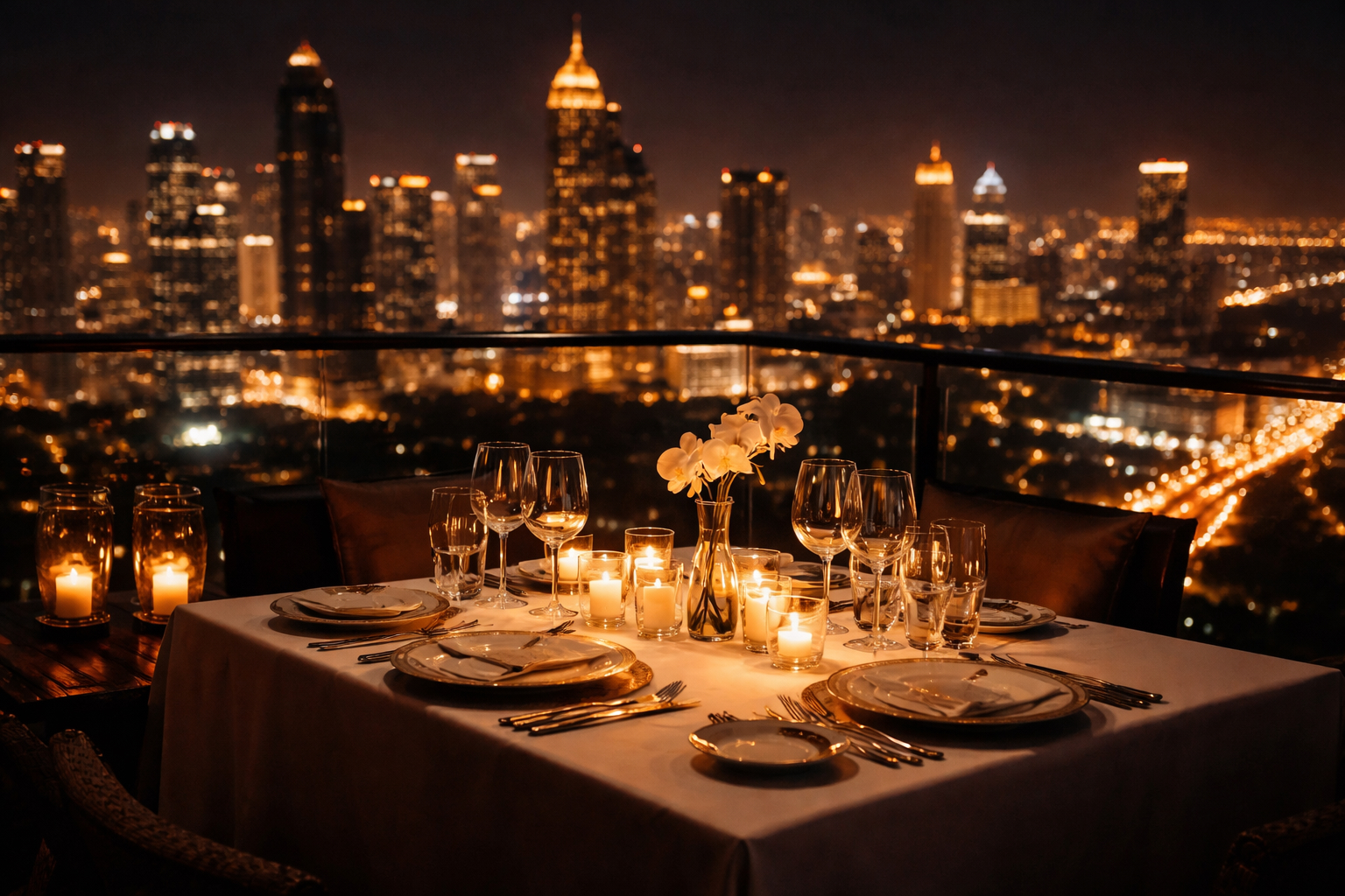 Luxury rooftop dining with city skyline